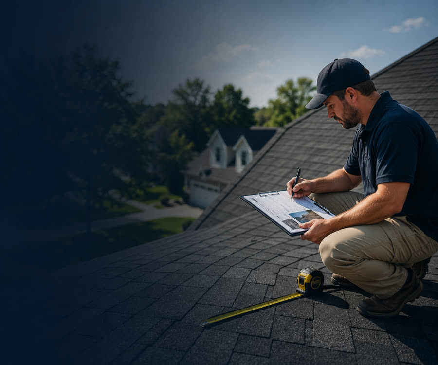 PL Roofing inspector documenting an asphalt shingle roof with a clipboard and tape measure on a Houston-area home