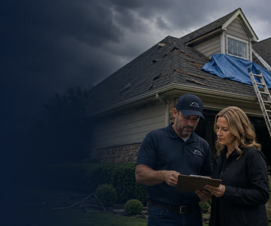 PL Roofing representative documenting storm damage on a shingle roof and reviewing it with a homeowner