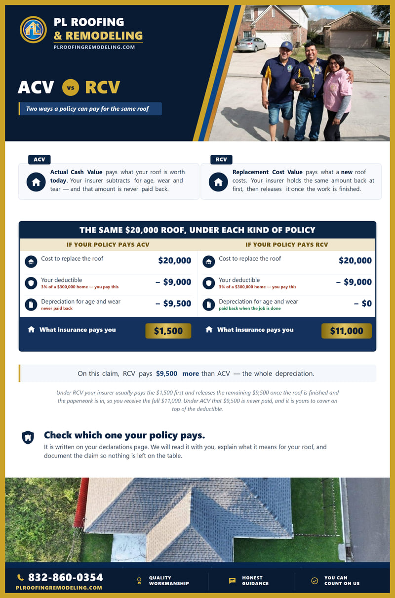 Chart comparing Actual Cash Value with Replacement Cost Value on the same $20,000 roof claim. Both subtract the $9,000 deductible. ACV also subtracts $9,500 of depreciation that is never paid back and pays $1,500; RCV subtracts none and pays $11,000 — $9,500 more. A note explains that an RCV policy pays the $1,500 first and releases the remaining $9,500 once the roof is finished and documented.