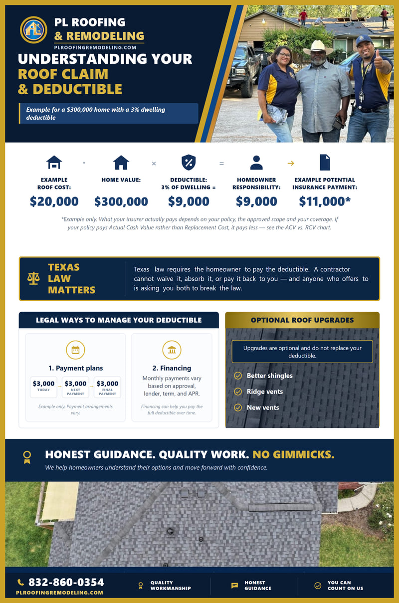 Chart for a $300,000 home with a 3% dwelling deductible: a $20,000 roof, $9,000 paid by the homeowner and about $11,000 by insurance. It states that Texas law requires the homeowner to pay the deductible and that a contractor cannot waive, absorb or pay it back, then shows the legal alternatives — payment plans and financing — and notes that optional roof upgrades do not replace the deductible.