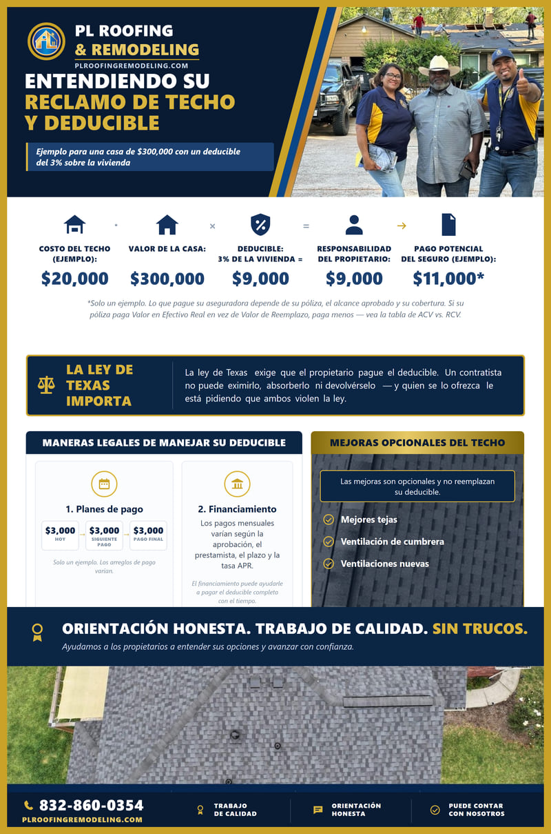 Tabla para una casa de $300,000 con un deducible del 3% sobre la vivienda: un techo de $20,000, $9,000 que paga el propietario y unos $11,000 que paga el seguro. Indica que la ley de Texas exige que el propietario pague el deducible y que un contratista no puede eximirlo, absorberlo ni devolv&eacute;rselo, y muestra las alternativas legales &mdash; planes de pago y financiamiento &mdash; y que las mejoras opcionales del techo no reemplazan el deducible.