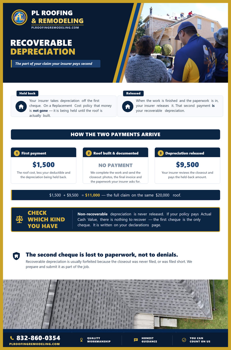 Chart explaining recoverable depreciation as the second payment on a claim. It shows three stages on the same $20,000 roof: a first payment of $1,500, the roof being built and documented, and $9,500 of depreciation released afterwards, totalling $11,000. A warning explains that non-recoverable depreciation is never released and that an Actual Cash Value policy has nothing to recover.