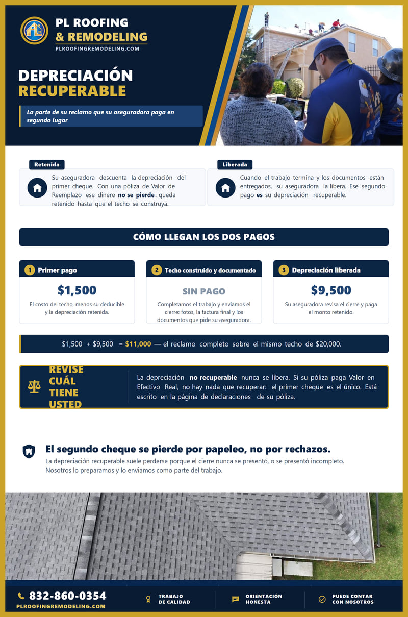 Tabla que explica la depreciaci&oacute;n recuperable como el segundo pago de un reclamo. Muestra tres etapas sobre el mismo techo de $20,000: un primer pago de $1,500, el techo construido y documentado, y $9,500 de depreciaci&oacute;n liberados despu&eacute;s, para un total de $11,000. Una advertencia explica que la depreciaci&oacute;n no recuperable nunca se libera y que una p&oacute;liza de Valor en Efectivo Real no tiene nada que recuperar.