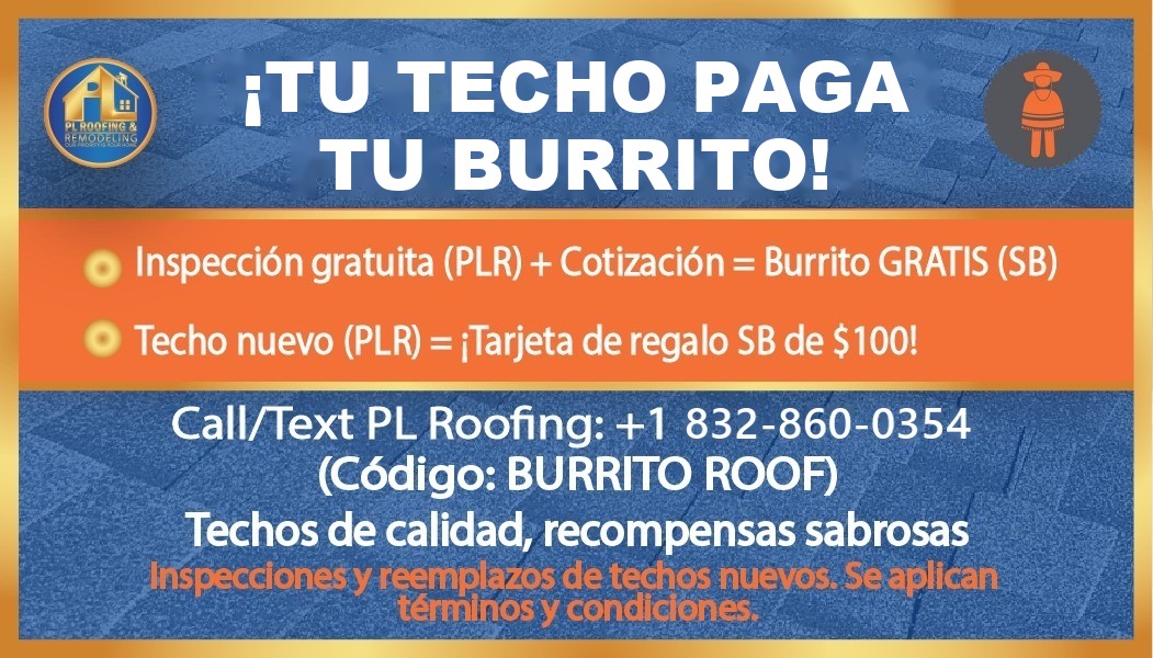 Reverso de la tarjeta de alianza: ¡Tu techo paga tu burrito! Inspección gratuita + cotización = burrito gratis; techo nuevo = tarjeta de regalo de $100. Llame o escriba al 832-860-0354, código BURRITO ROOF.