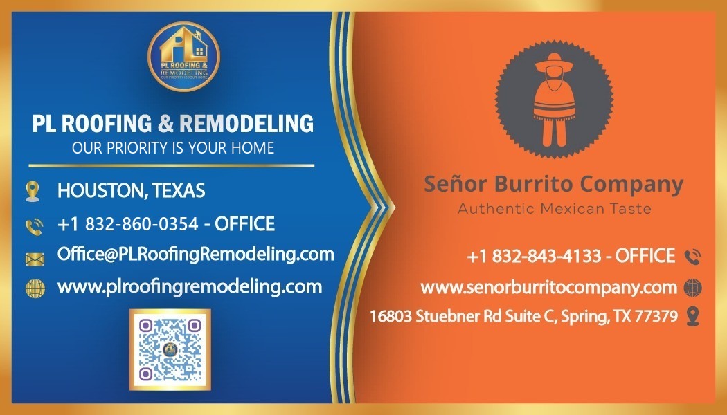 Front of the PL Roofing × Señor Burrito Company partnership card: both businesses' contact details and a QR code.