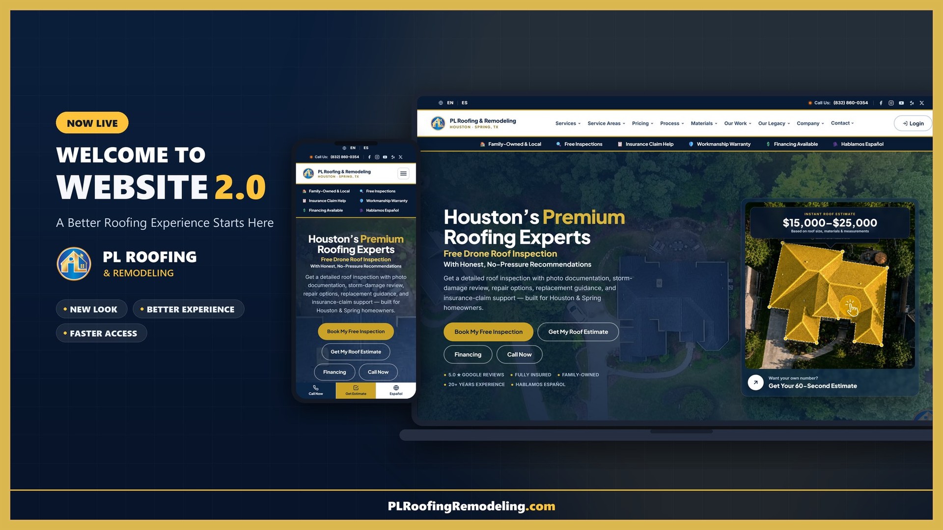 PL Roofing & Remodeling Website 2.0 displayed on desktop and mobile devices