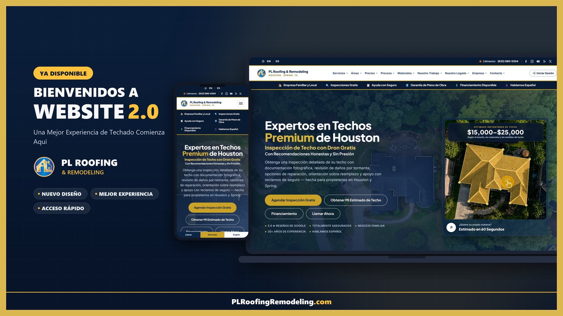 Website 2.0 de PL Roofing & Remodeling mostrado en una computadora y un dispositivo móvil