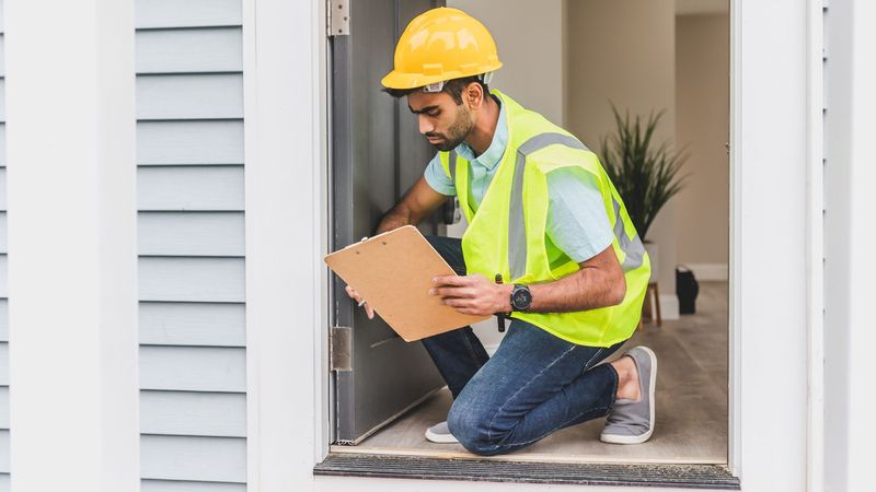 Inspector de viviendas con chaleco de seguridad y casco revisando una puerta — Día de Inspección