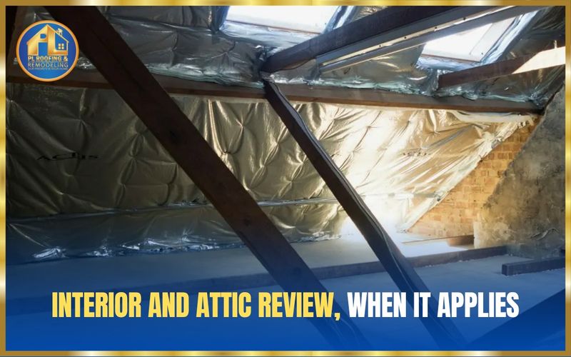 Residential attic interior with rafters, reflective insulation, and skylights — interior and attic review, when it applies