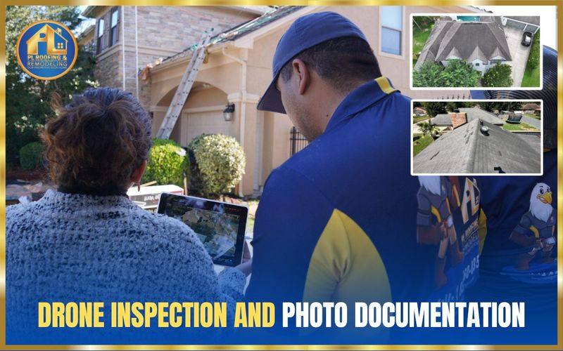 PL Roofing inspector and homeowner reviewing live drone footage on a tablet, with aerial photos of the roof — drone inspection and photo documentation