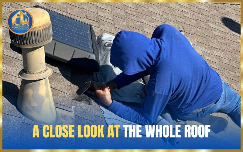 PL Roofing inspector examining shingles and a vent up close on an asphalt shingle roof — a close look at the whole roof