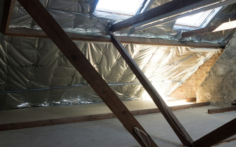 Residential attic interior showing rafters, reflective insulation, and a skylight during an interior roof review