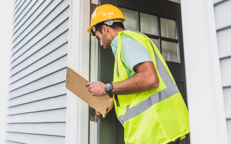 Inspector documenting a home's condition on a clipboard during a roof evaluation