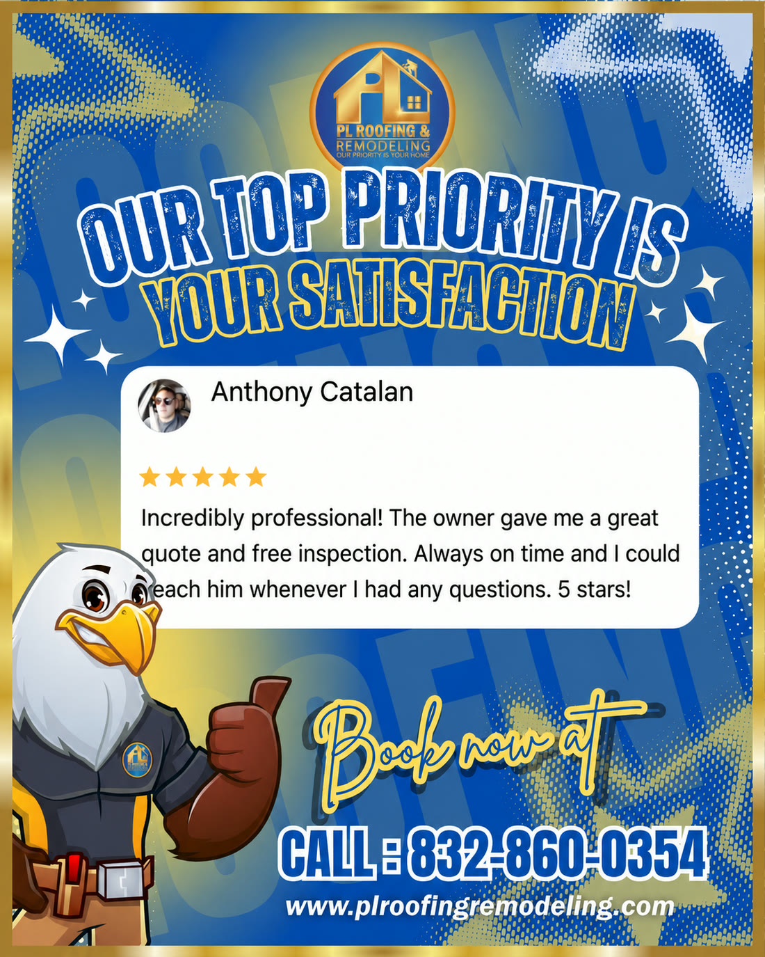 Reseña de 5 estrellas en Google de Anthony Catalan: ¡Increíblemente profesional! El dueño me dio un excelente presupuesto y una inspección gratis. Siempre puntual y podía contactarlo cuando tenía preguntas. ¡5 estrellas!
