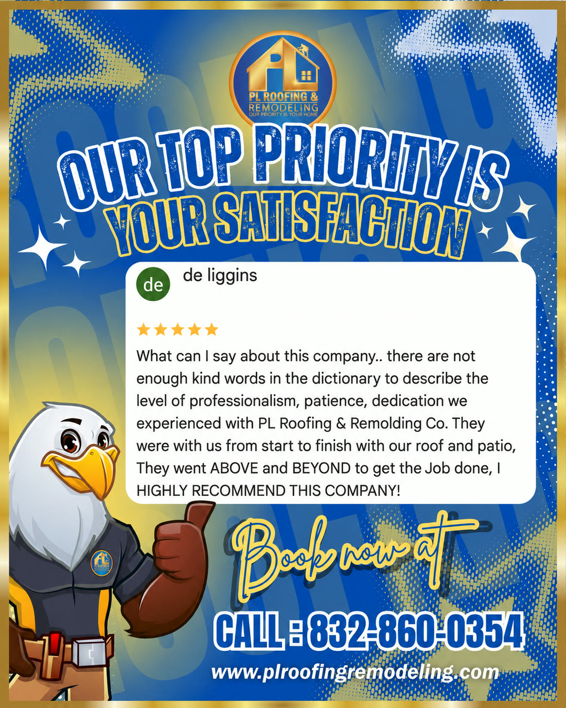 Reseña de 5 estrellas en Google de de liggins: No hay suficientes palabras para describir el profesionalismo, la paciencia y la dedicación de PL Roofing con nuestro techo y patio. Fueron más allá de lo esperado — ¡recomiendo ampliamente a esta empresa!
