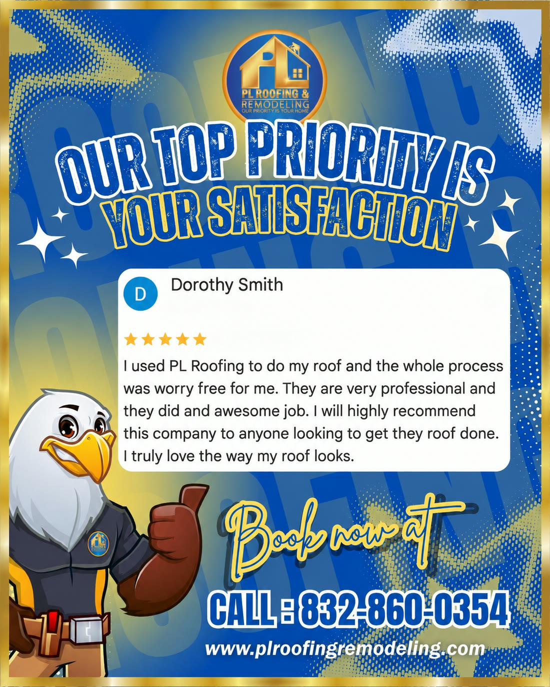 Reseña de 5 estrellas en Google de Dorothy Smith: Usé PL Roofing para hacer mi techo y todo el proceso fue sin preocupaciones. Son muy profesionales e hicieron un trabajo excelente. Recomiendo ampliamente esta compañía a cualquiera que busque rehacer su techo. Me encanta cómo se ve mi techo.