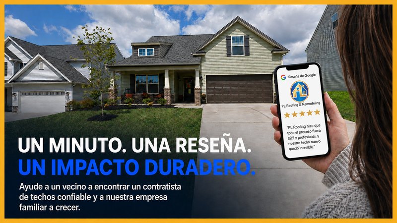 Una propietaria dejando una reseña de cinco estrellas en Google para PL Roofing & Remodeling desde su teléfono, junto al mensaje Un minuto. Una reseña. Un impacto duradero.