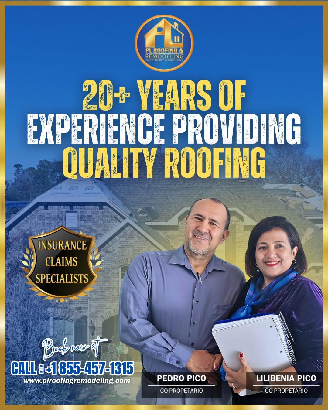 Los dueños de PL Roofing, Pedro y Lilibenia Pico — más de 20 años de techado de calidad