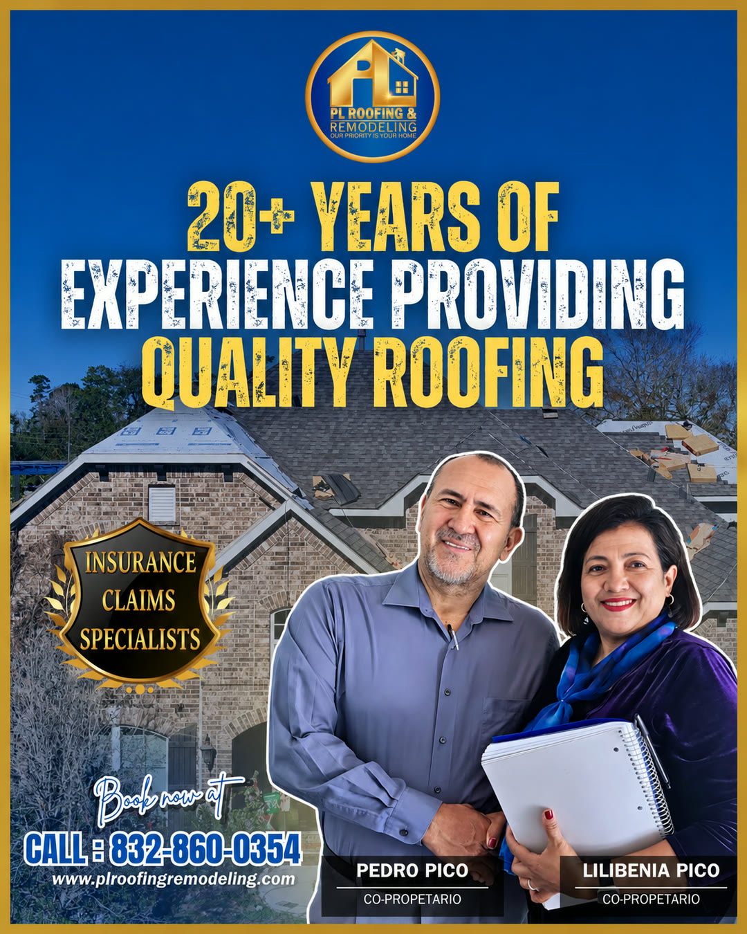 PL Roofing owners Pedro & Lilibenia Pico — 20+ years of quality roofing