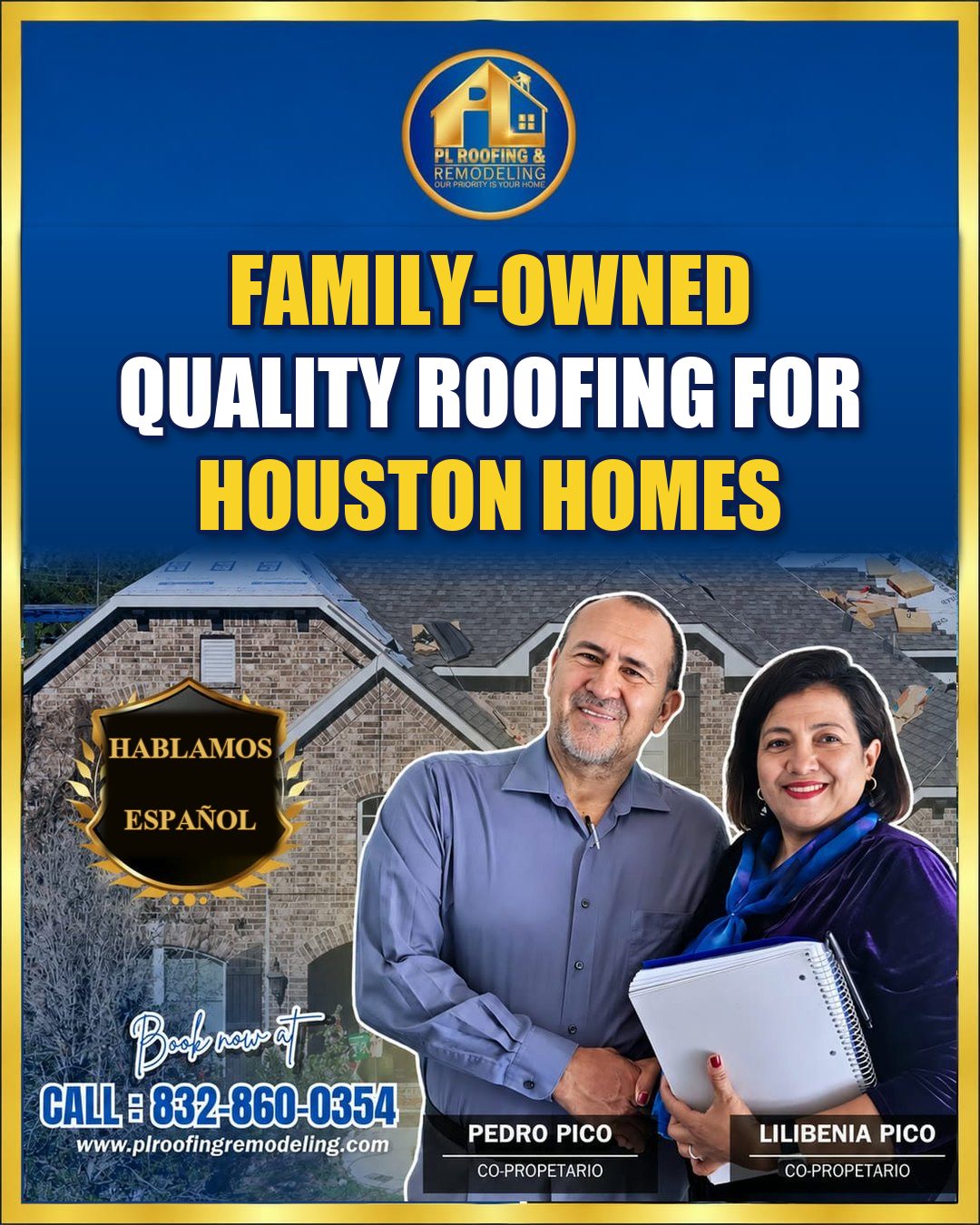 PL Roofing & Remodeling flyer: family-owned quality roofing for Houston homes, Hablamos Español