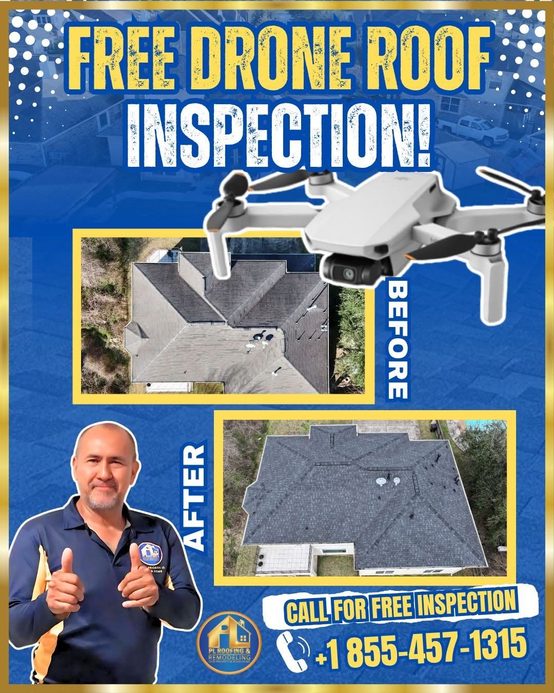 Inspección de techo con dron gratis, antes y después — PL Roofing & Remodeling