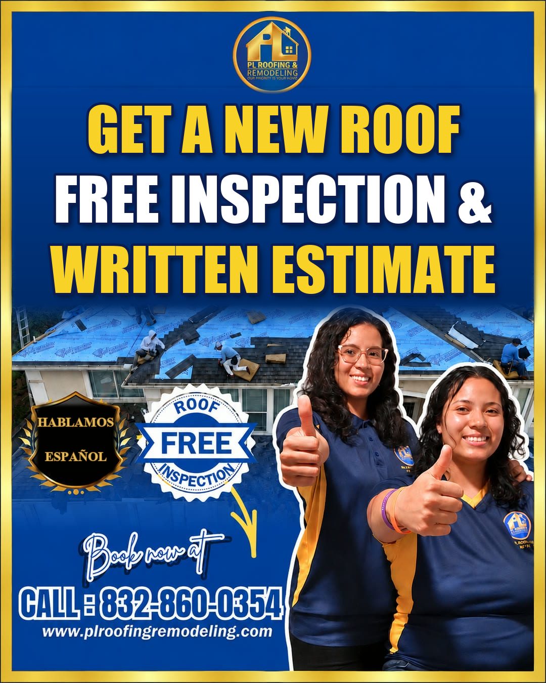 PL Roofing & Remodeling flyer: get a new roof with a free inspection and written estimate
